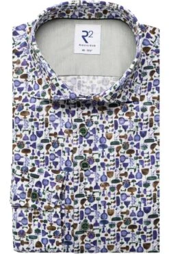 R2 Amsterdam Modern Fit Hemd Weiss/blau/grün, Gemustert